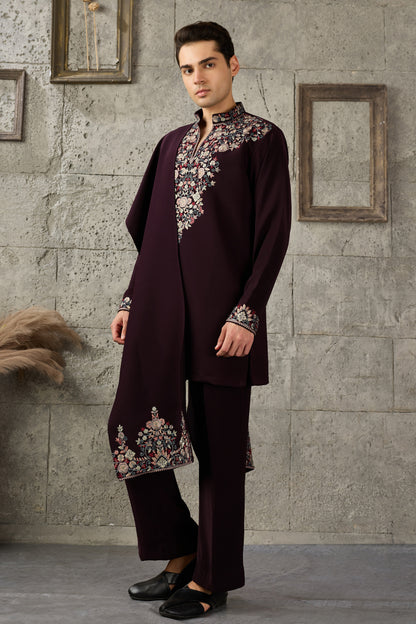 Wine kurta sleeve embroidery close-up