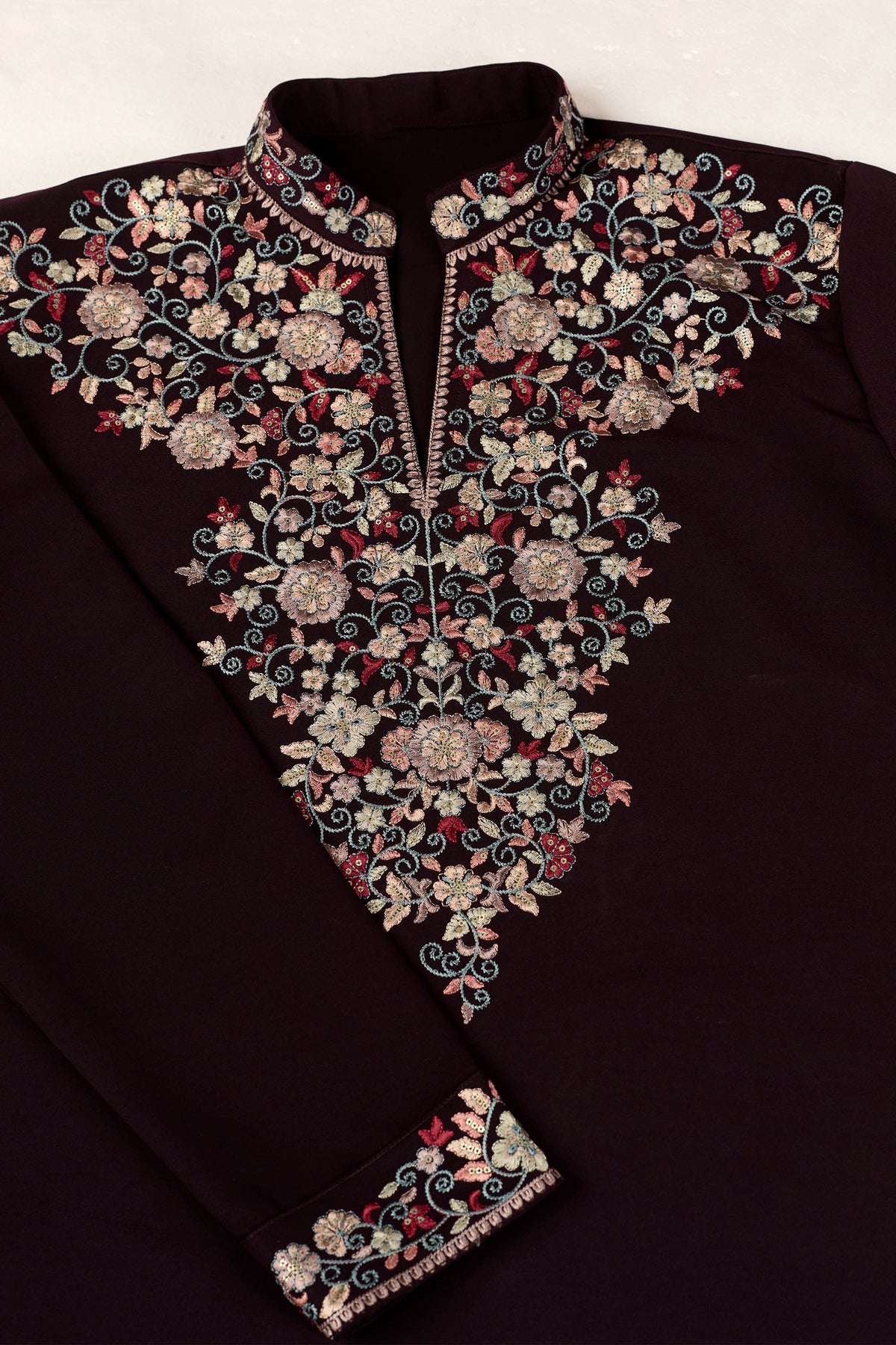 Wine kurta showing embroidered front detailing