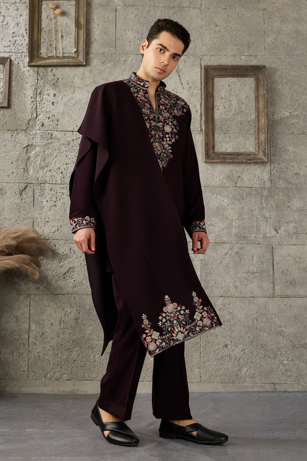 Wine kurta with detailed embroidery neckline