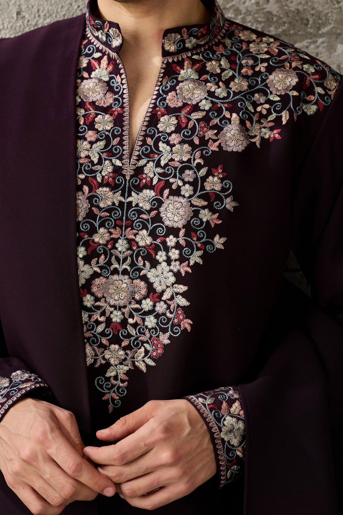 Wine kurta pajama set with embroidered sequence work