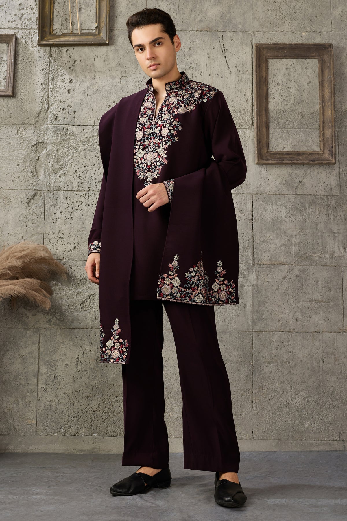 Wine kurta pajama set styled for festive events