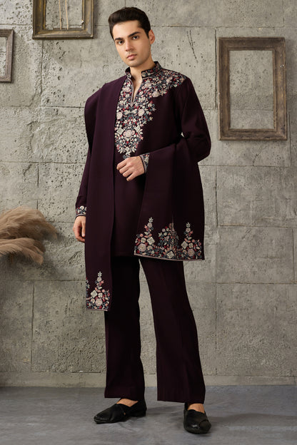 Wine kurta pajama set styled for festive events