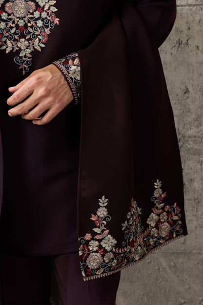 Wine kurta pajama set styled with matching pajama and koti