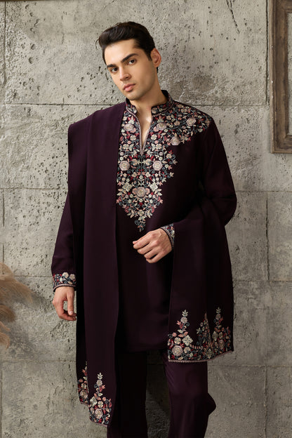 Viscose silk texture on wine kurta close-up