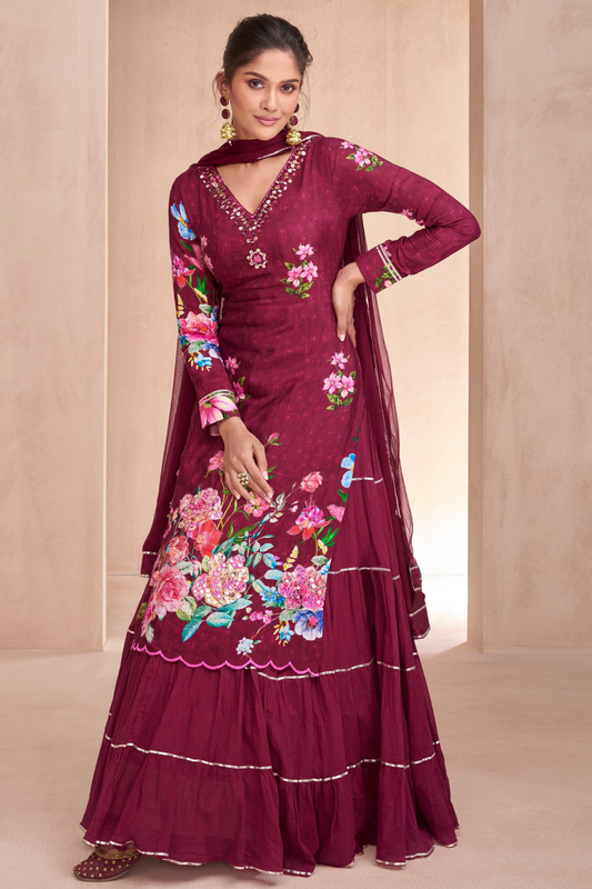 Wine legenga choli full front view with embroidery