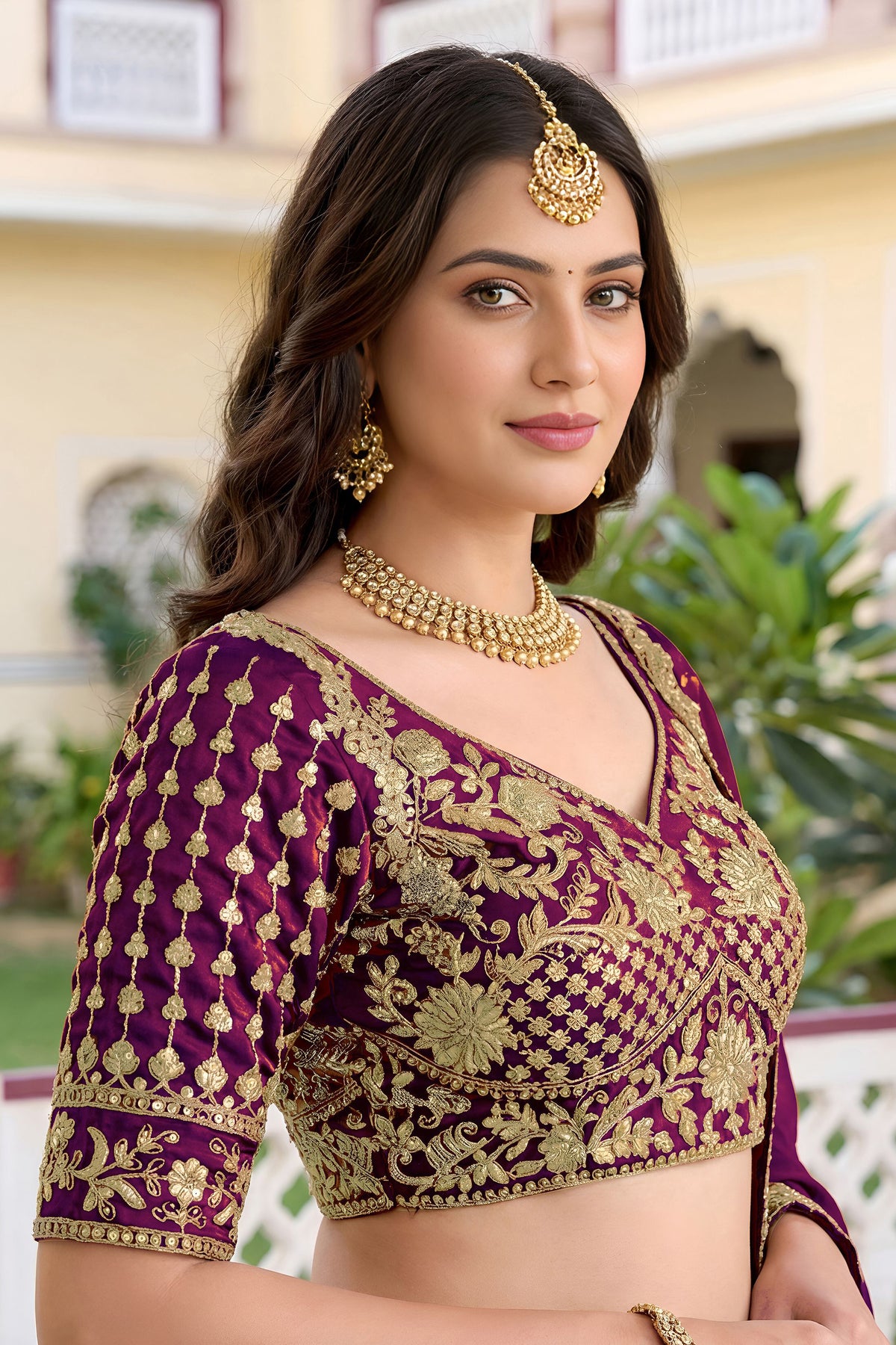 Wine lehenga and choli with zari dori and sequence embroidery