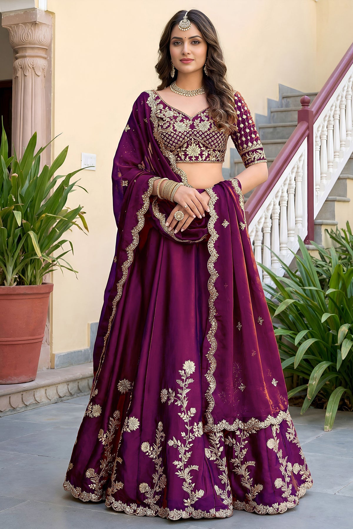Wine lehenga and choli in Rangoli Silk front view