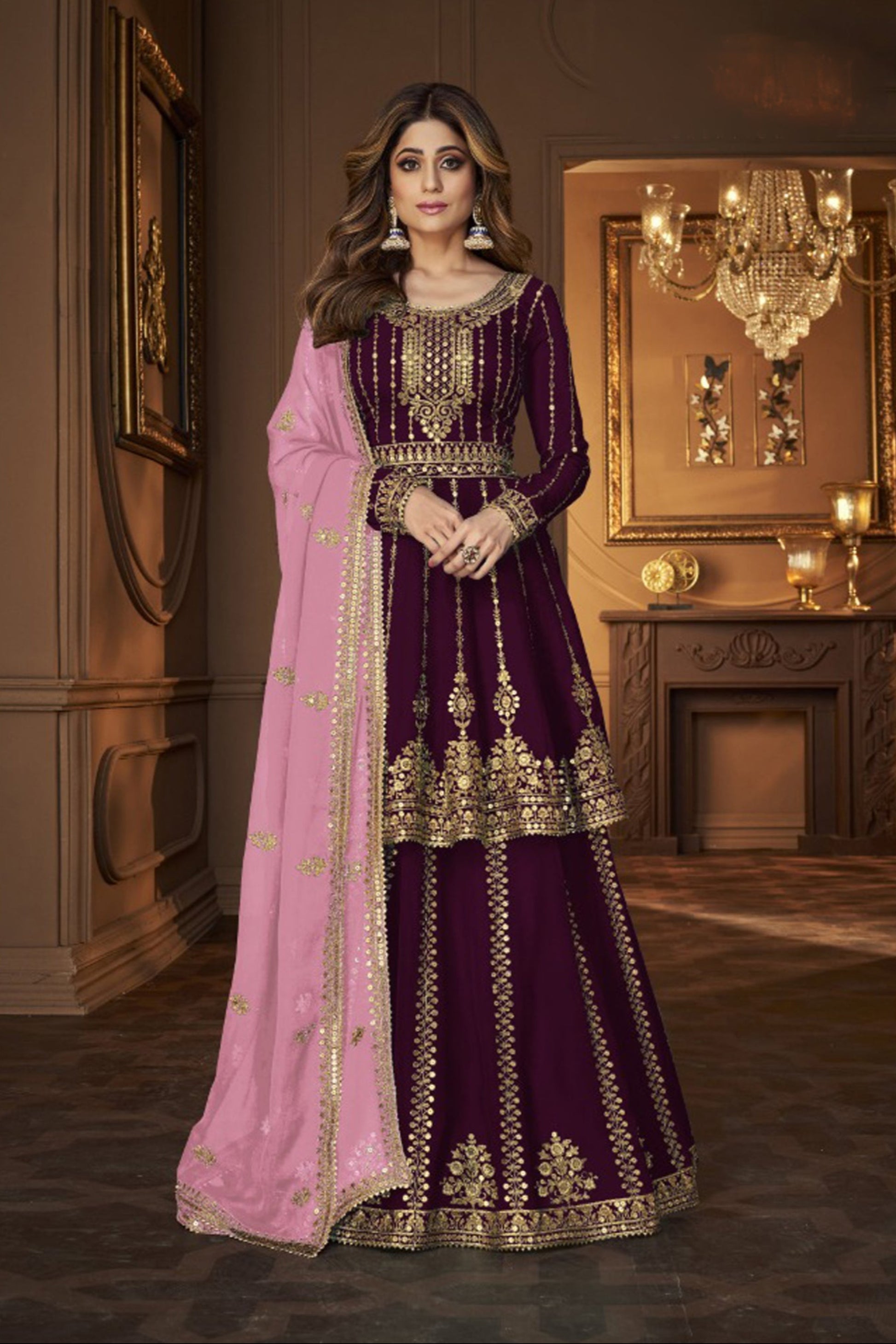 Wine lehenga choli front view with embroidery detailing