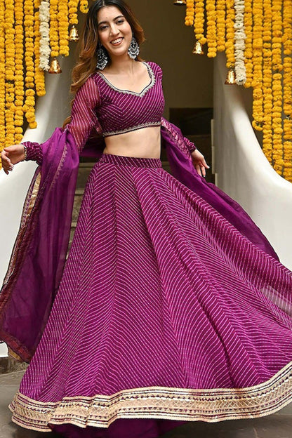 Wine lehenga with Laheriya print full front view