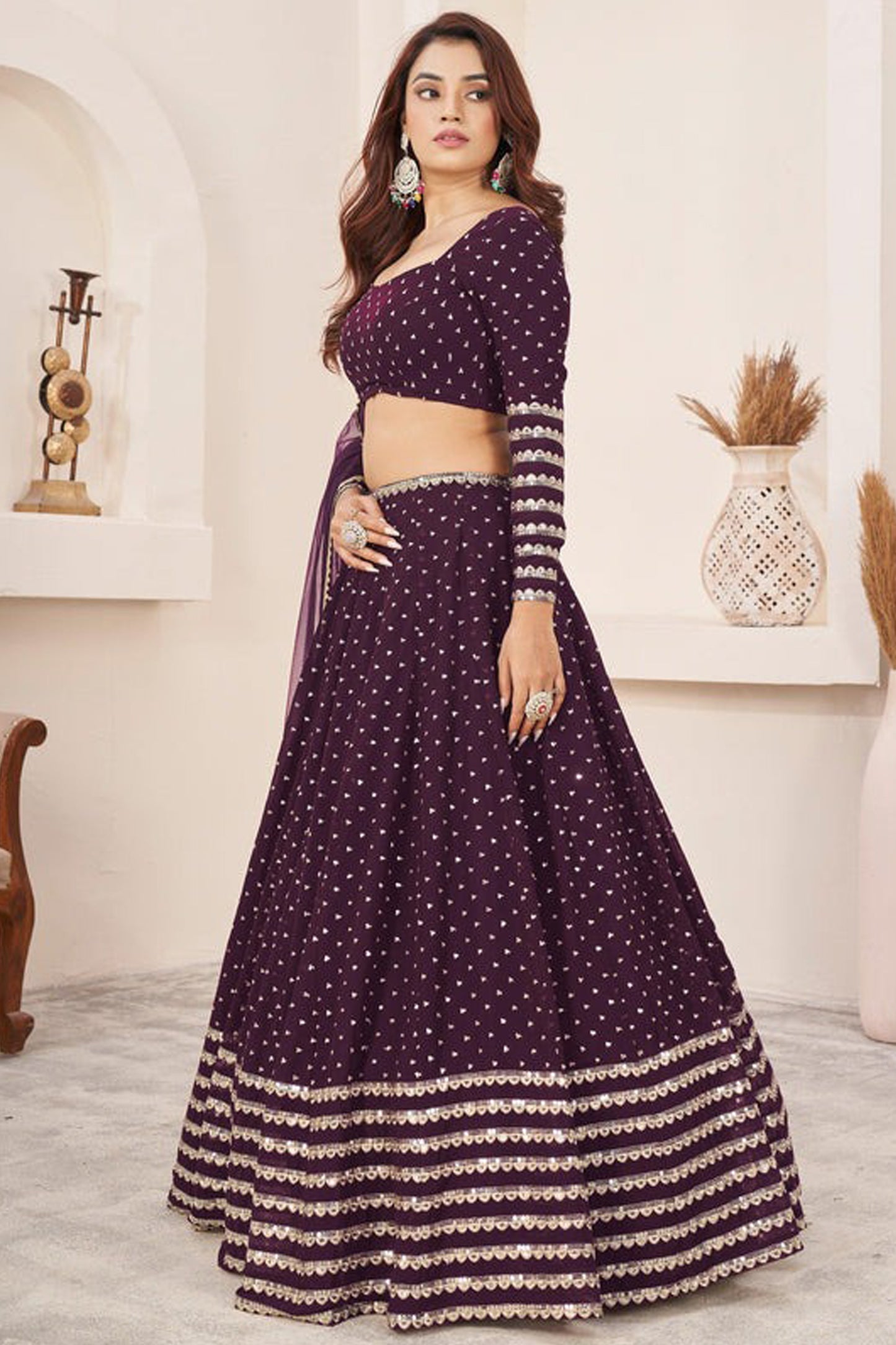 lehenga choli dupatta drape detail in wine shade
