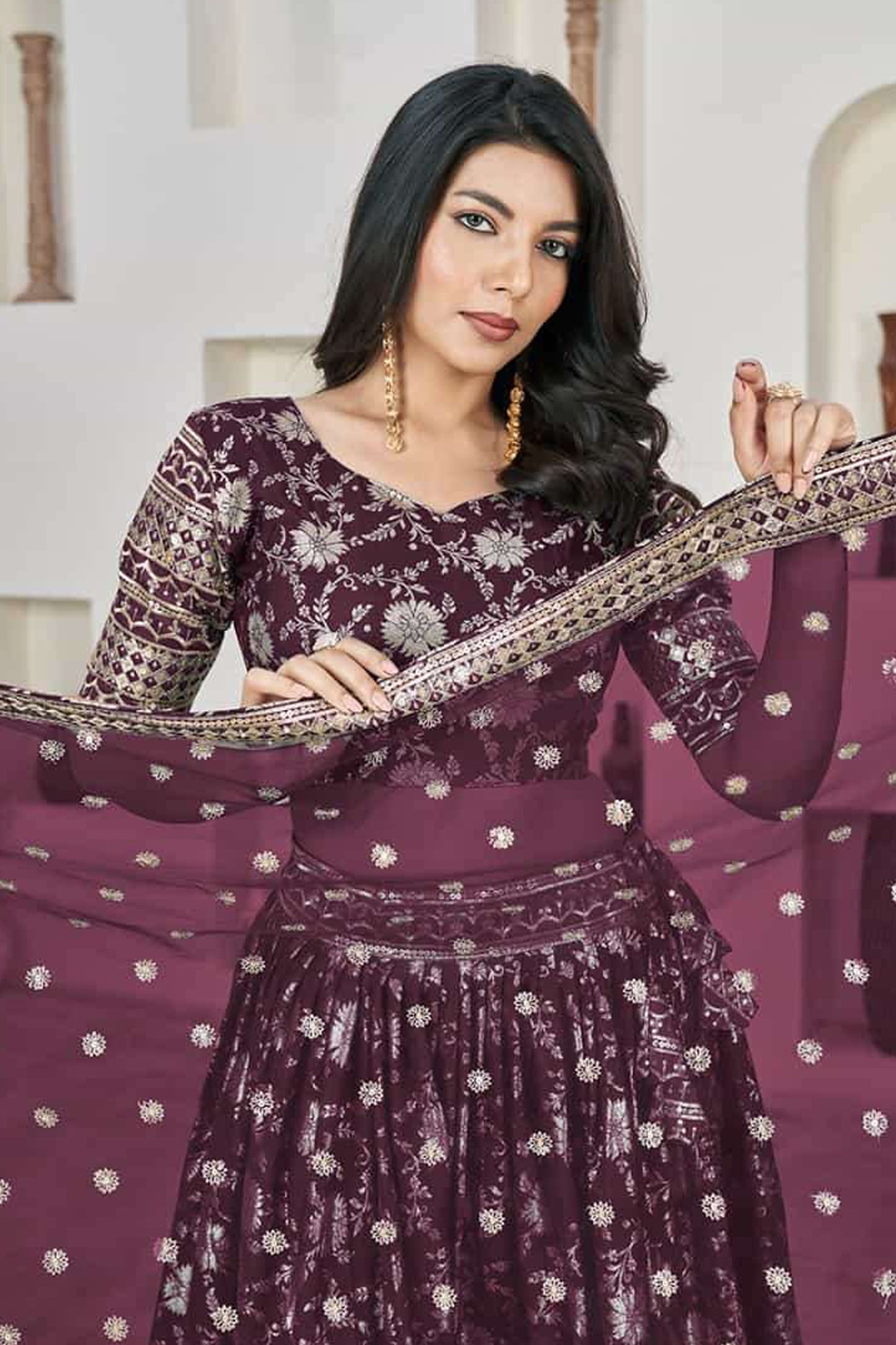 Close-up texture of net fabric with embroidery work