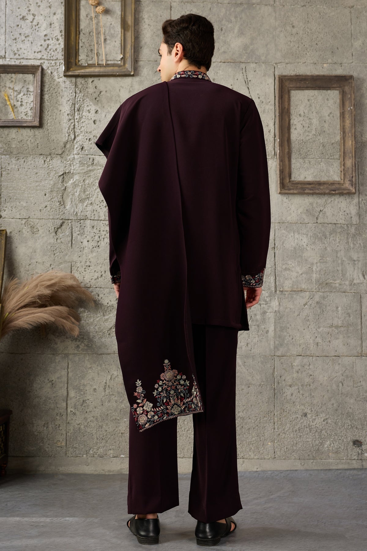 Wine ready to wear kurta pajama set back view