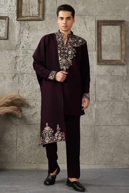 Wine ready to wear kurta pajama set front view