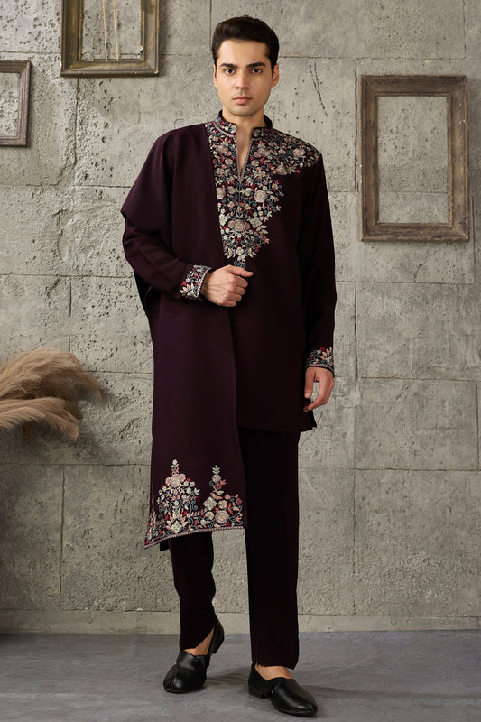 Wine ready to wear kurta pajama set front view