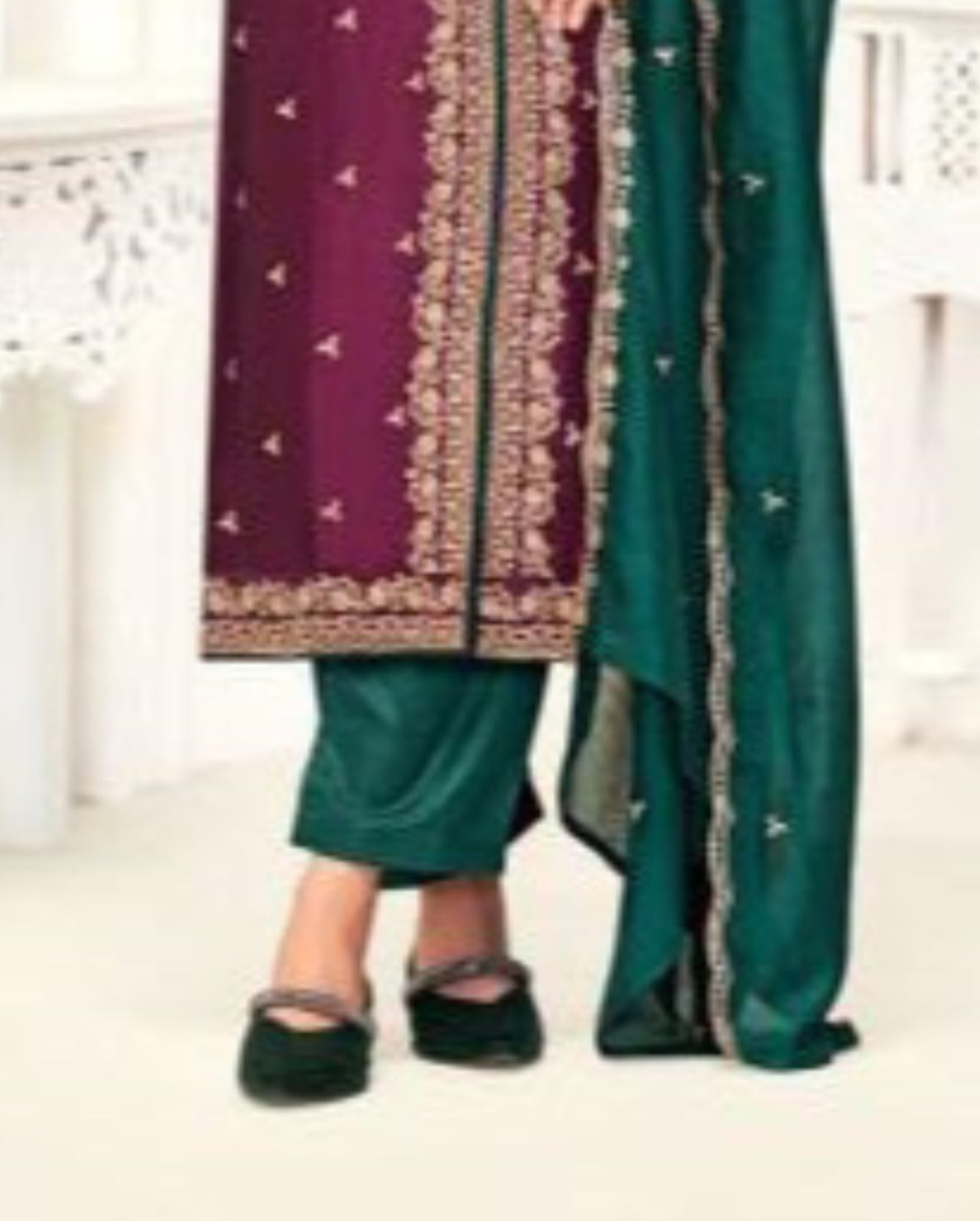 Wine salwar front detailing with handcrafted embroidery