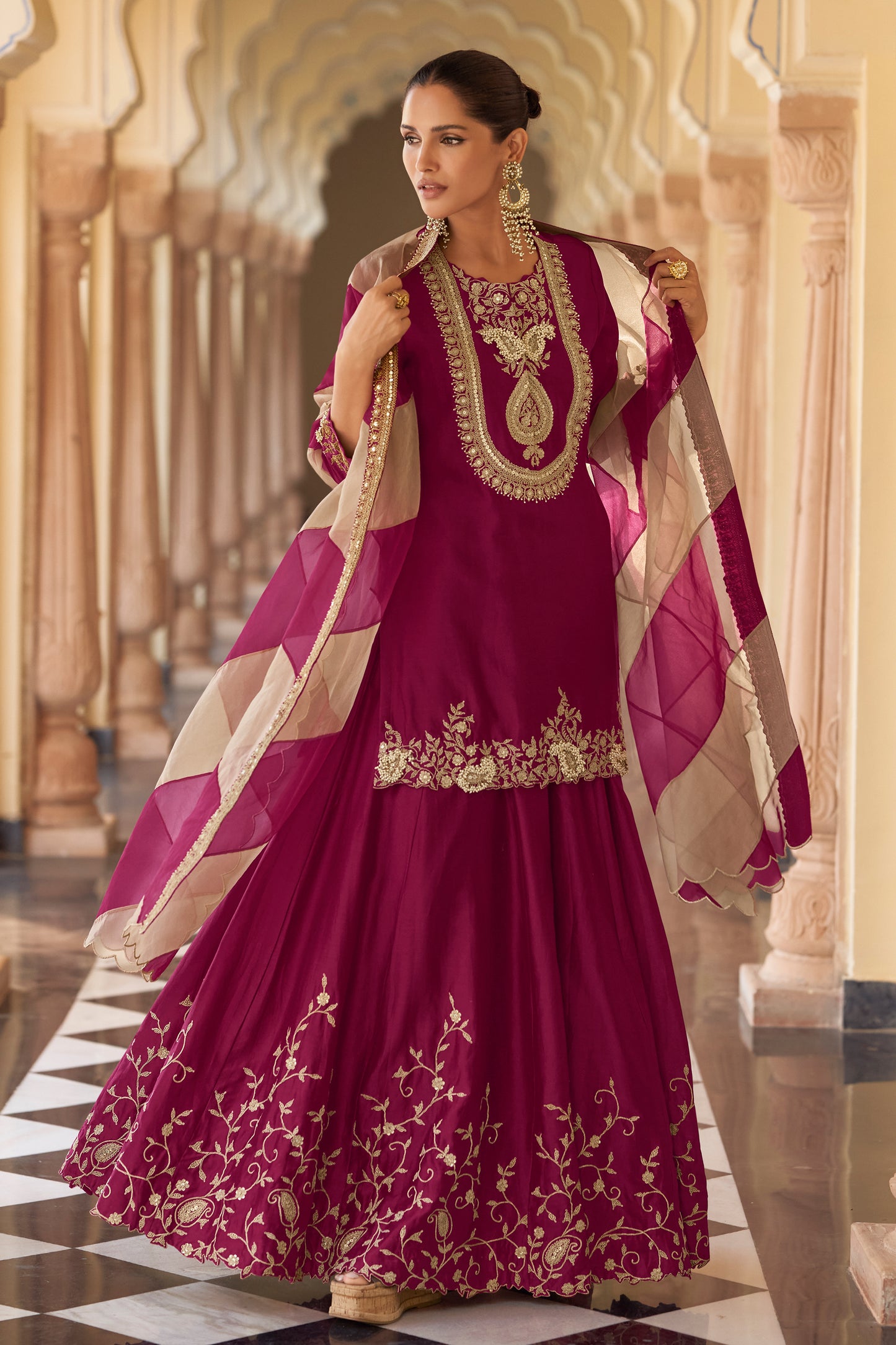 Wine salwar kameez suit front view with sharara