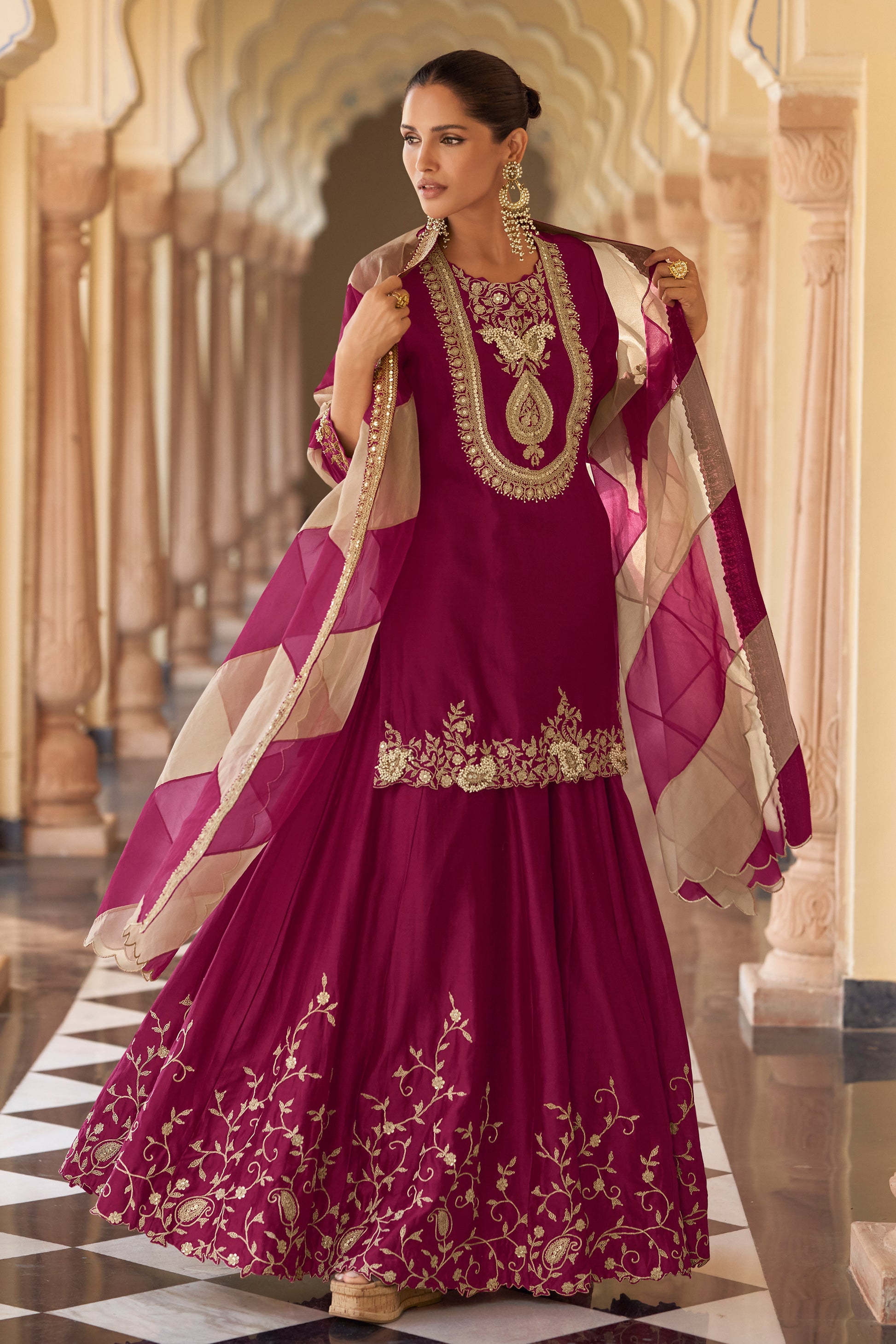 Wine salwar kameez suit front view with sharara
