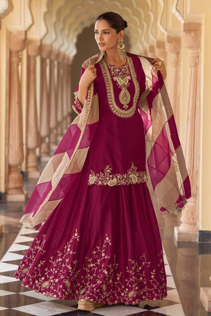 Wine salwar kameez suit front view with sharara