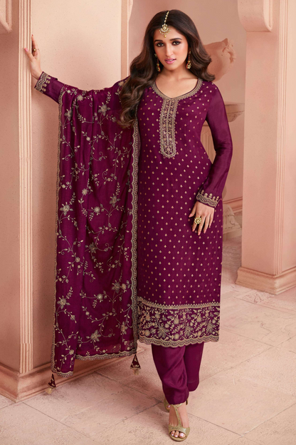 Wine salwar kameez front view with embroidered dupatta