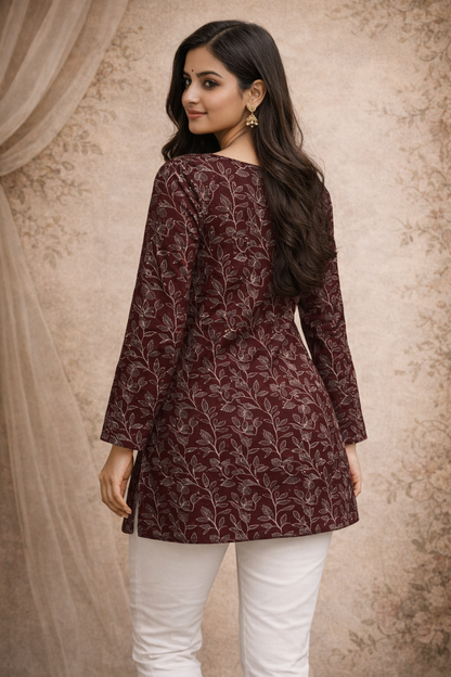 wine tunic top long sleeve casual weekday look
