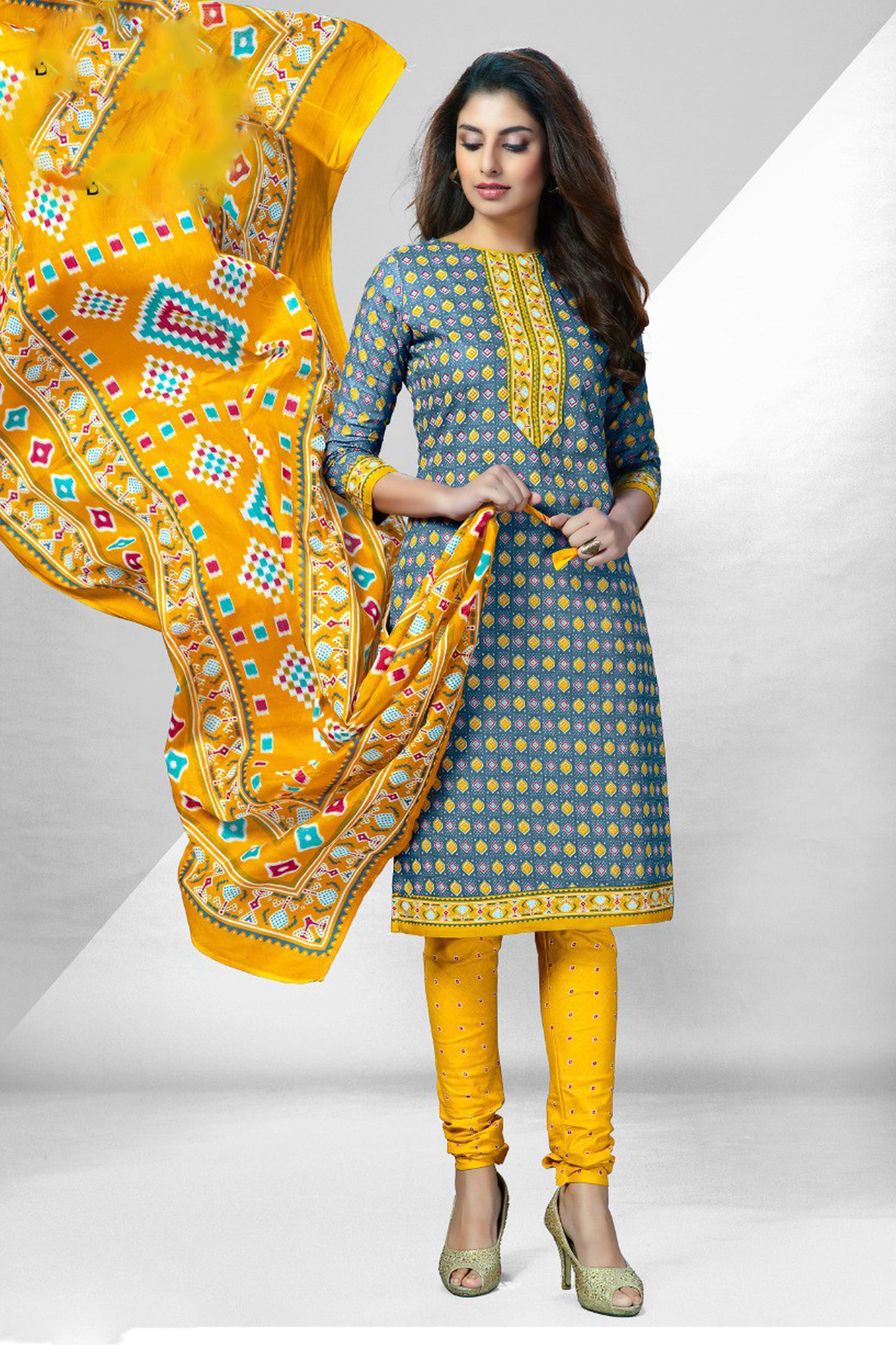 women dresses with yellow bandhani print
