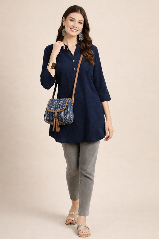 navy tunic tops front view with clean printed design