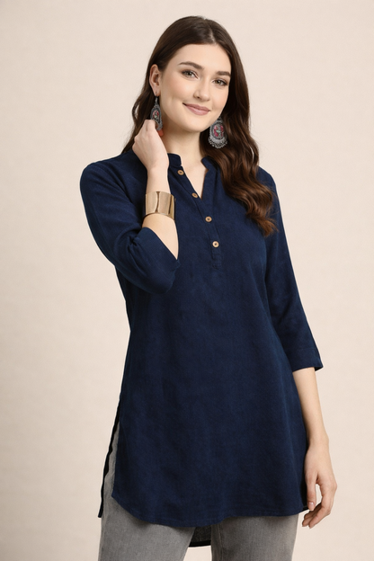 womens tunic tops navy color soft viscose fabric close-up