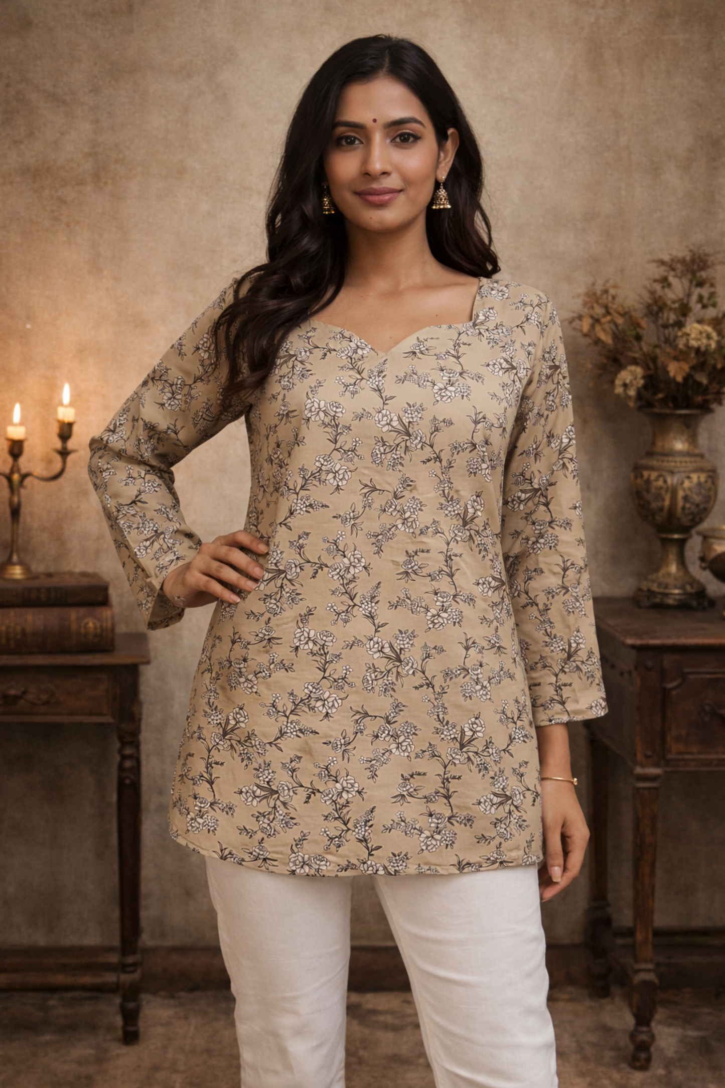 Beige women tops with digital print front view