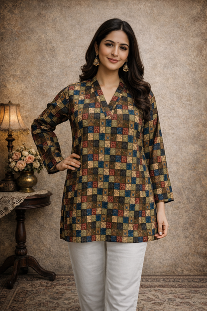 women tops tunic multicolor digital print front view
