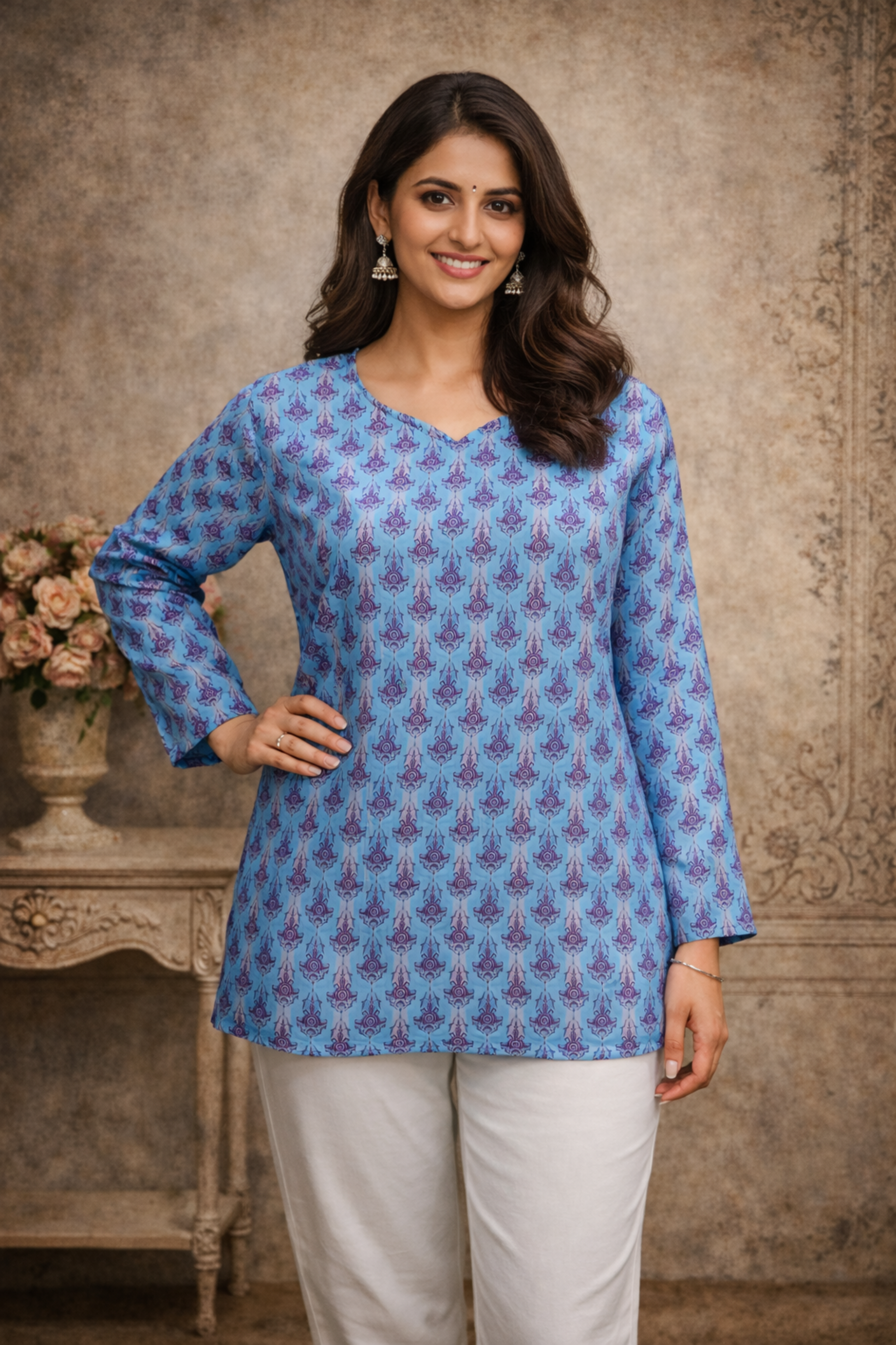 blue women tunic front view with digital prints