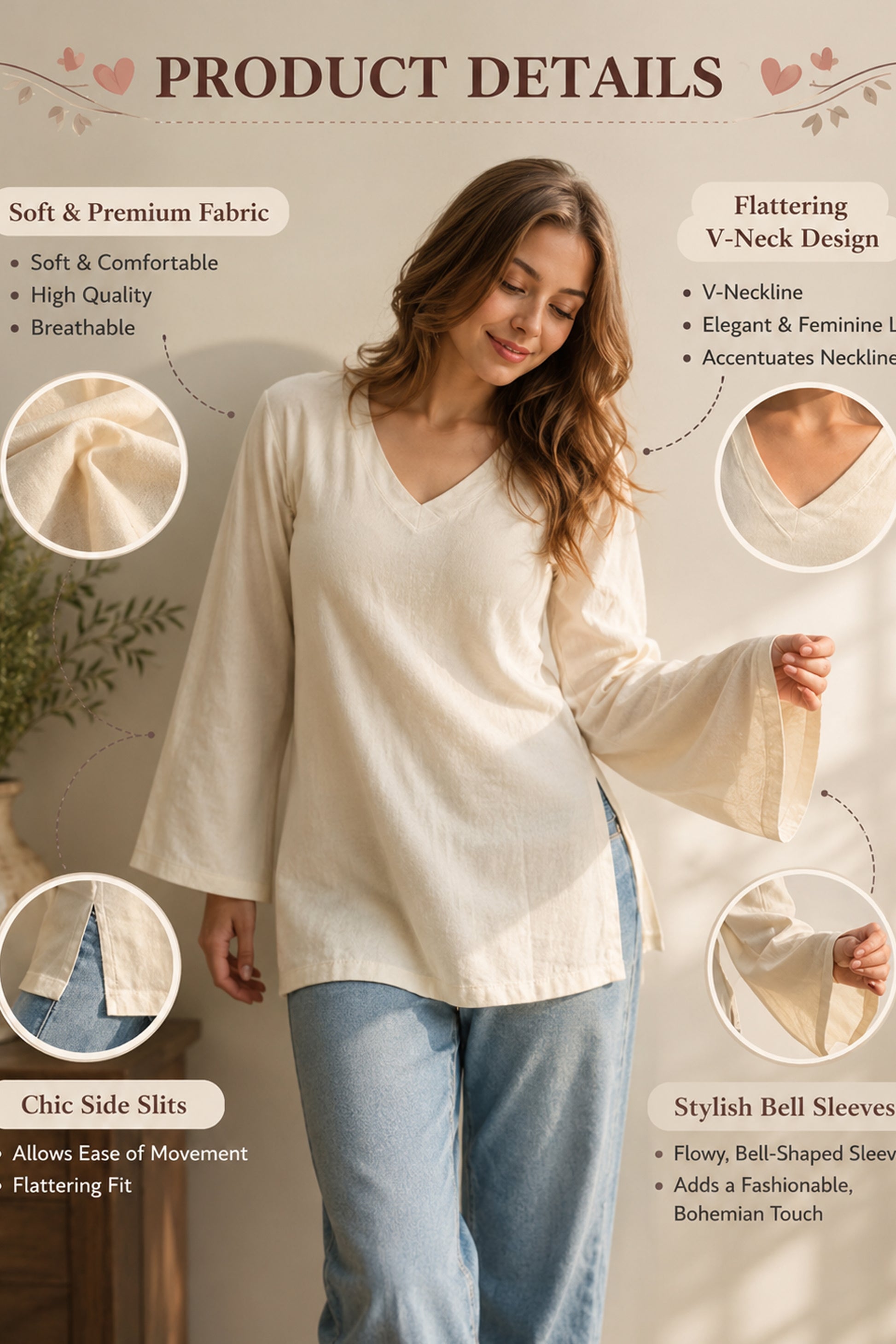 Cream cotton blend tunic for regular wear styling