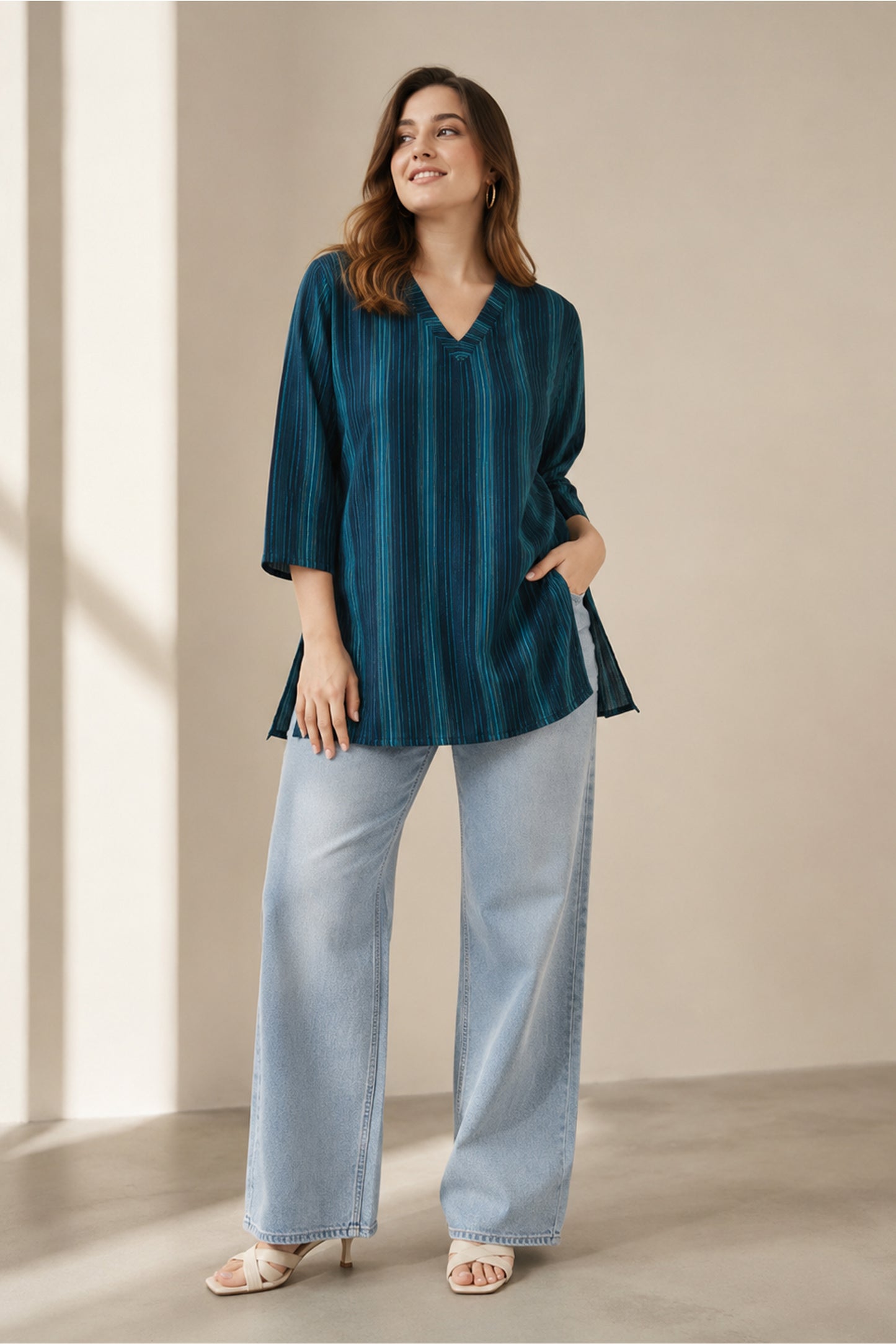 women tunic tops relaxed fit with denim wide leg pants