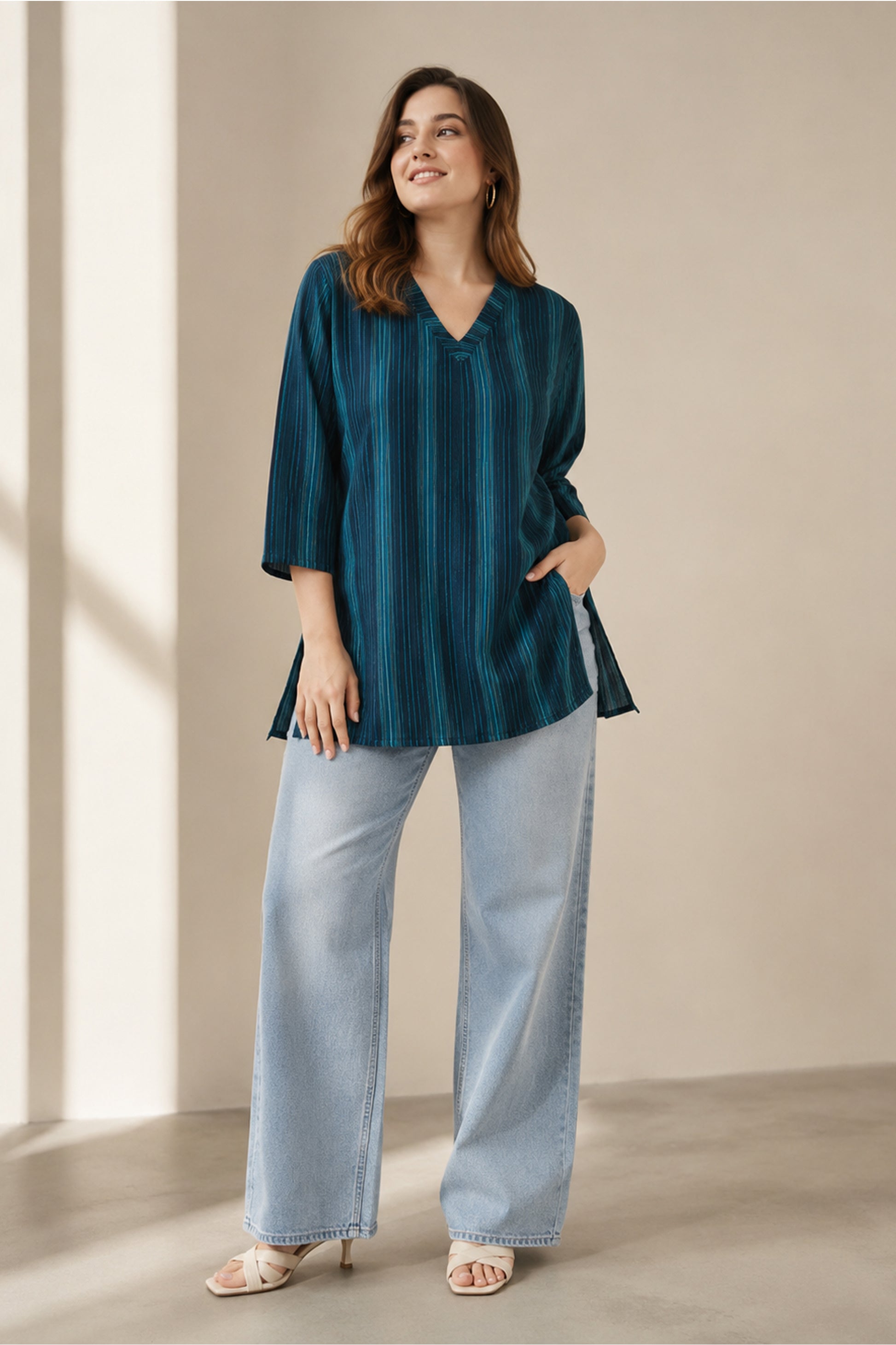 women tunic tops relaxed fit with denim wide leg pants