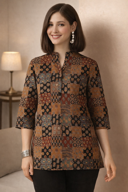 multicolor a-line kurti front view with printed motifs