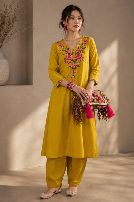 women's kurta in Mustard Yellow with Floral Embroidered neckline