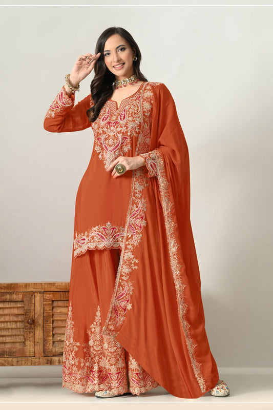 Women's Palazzo in Orange with Embroidered Sequence Work and Khatli Work