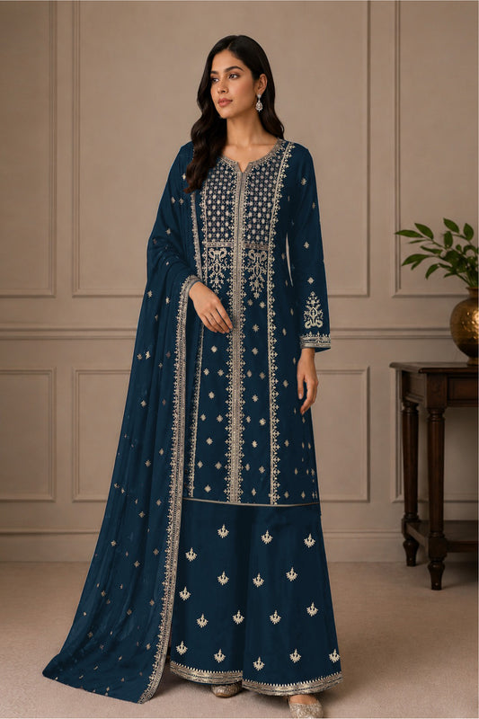 Women's Palazzo in Teal Blue with Heavy Embroidered Sequence & Coding Work