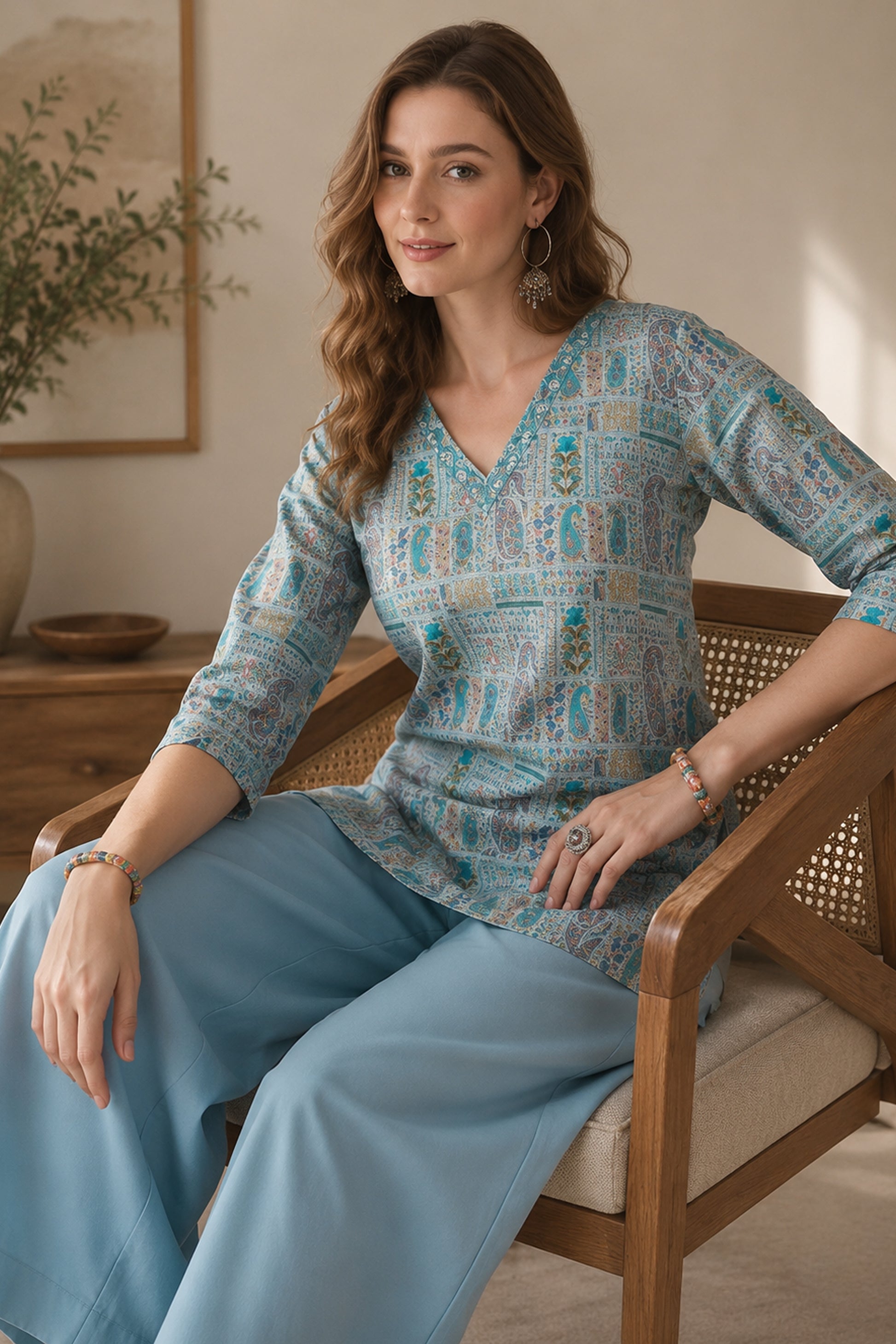 Front view of Women’s Printed Tunic Top in sky blue
