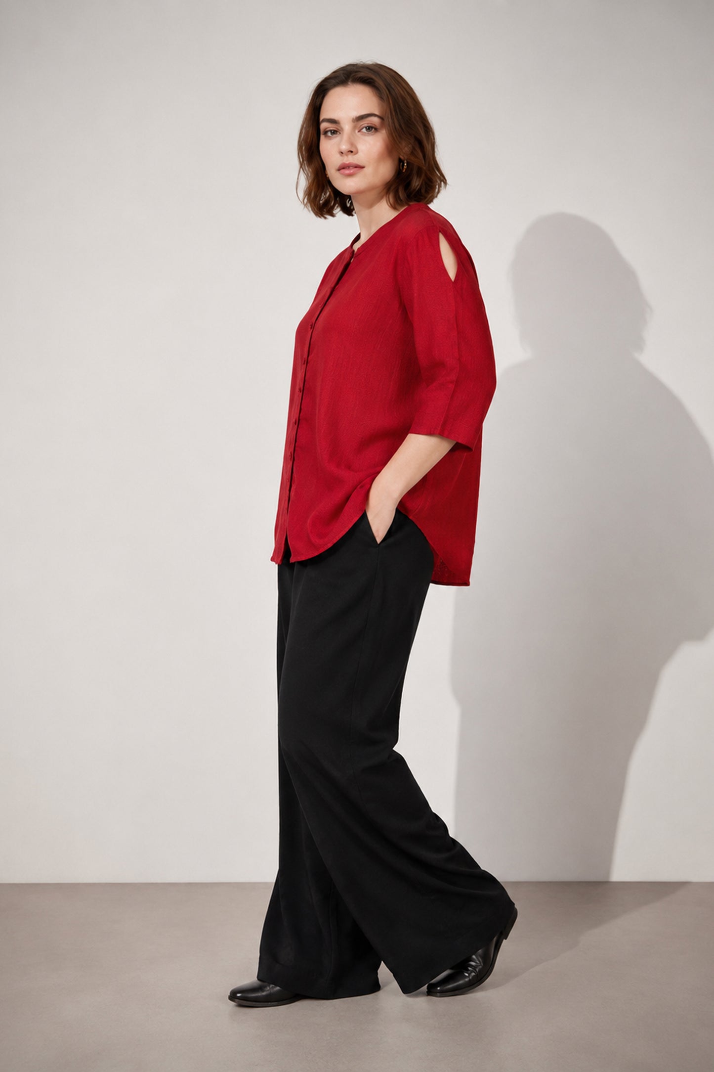women's red top maroon cotton casual outfit hands in pocket stance