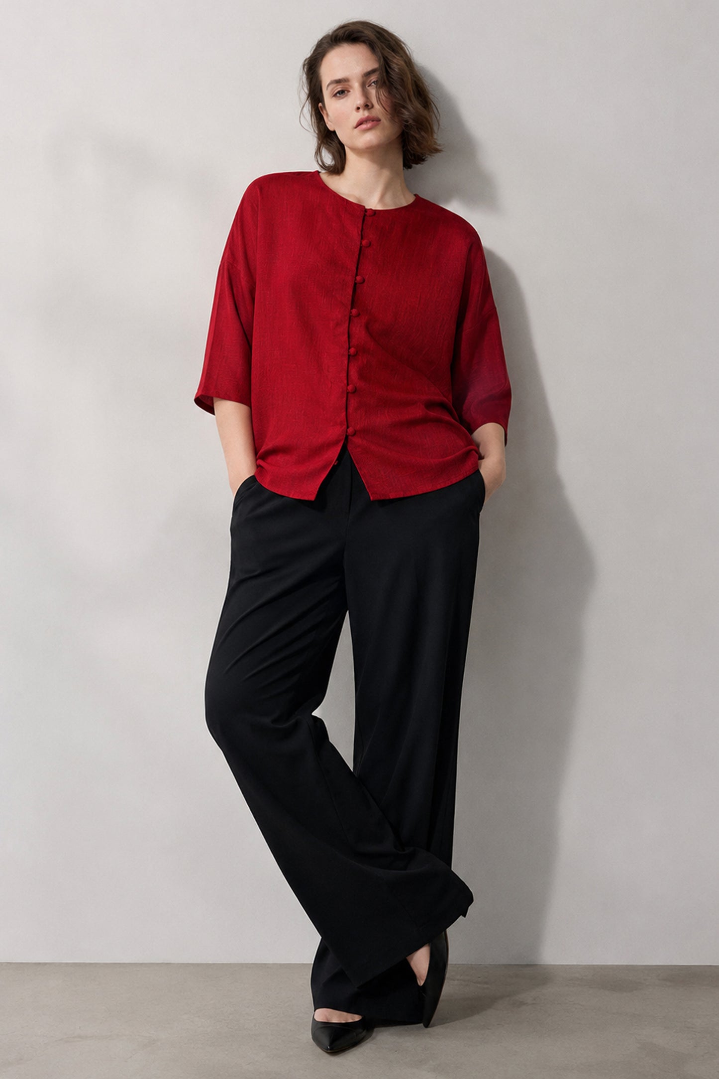 women's red top maroon cotton button front studio pose front view