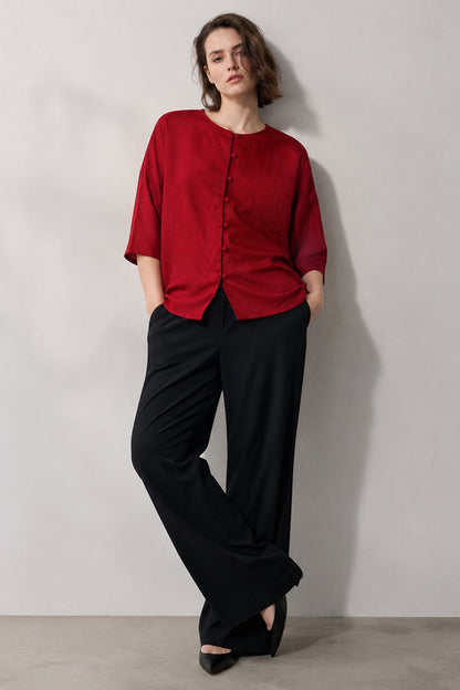 women's red top maroon cotton button front studio pose front view