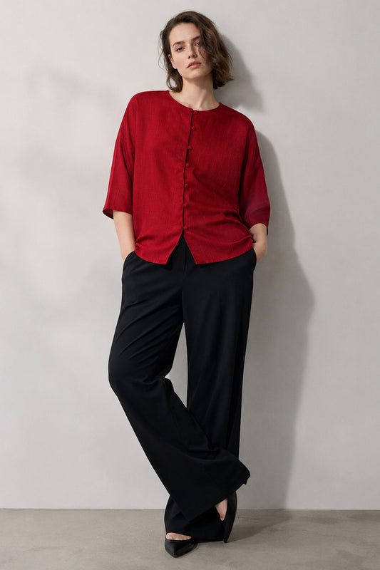 women's red top maroon cotton button front studio pose front view