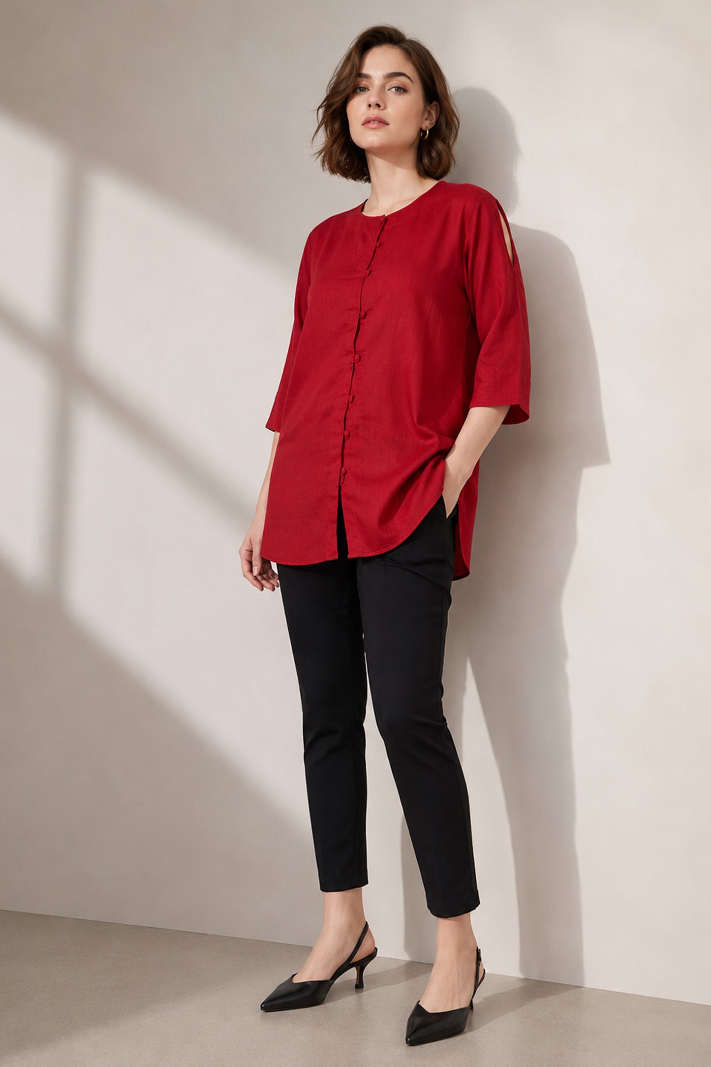 women's red top maroon cotton half sleeve editorial fashion pose
