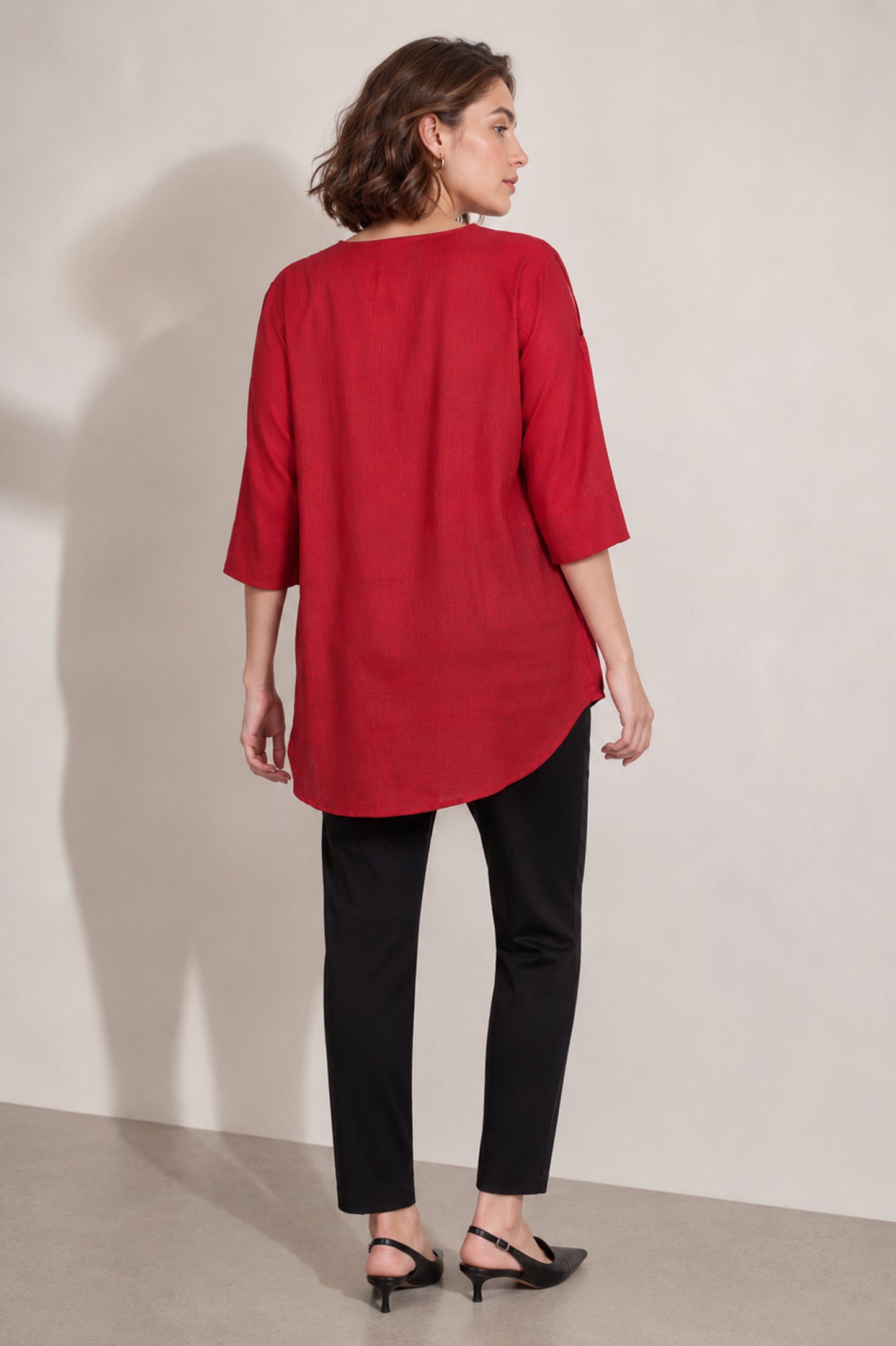 women's red top back view maroon cotton relaxed fit silhouette