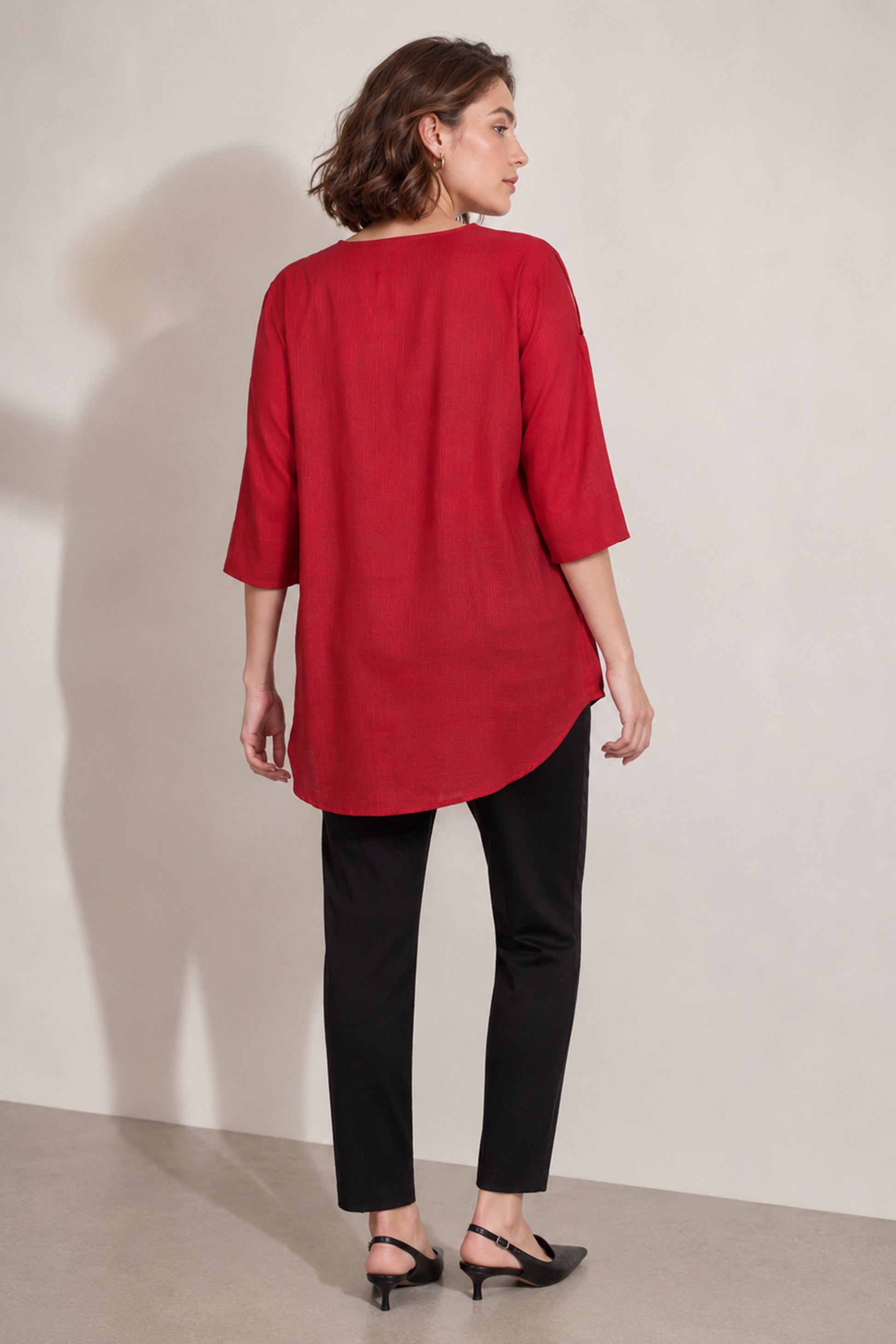 women's red top back view maroon cotton relaxed fit silhouette