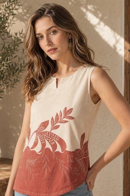 Casual Women’s Sleeveless Tunic Top with botanical printed detail