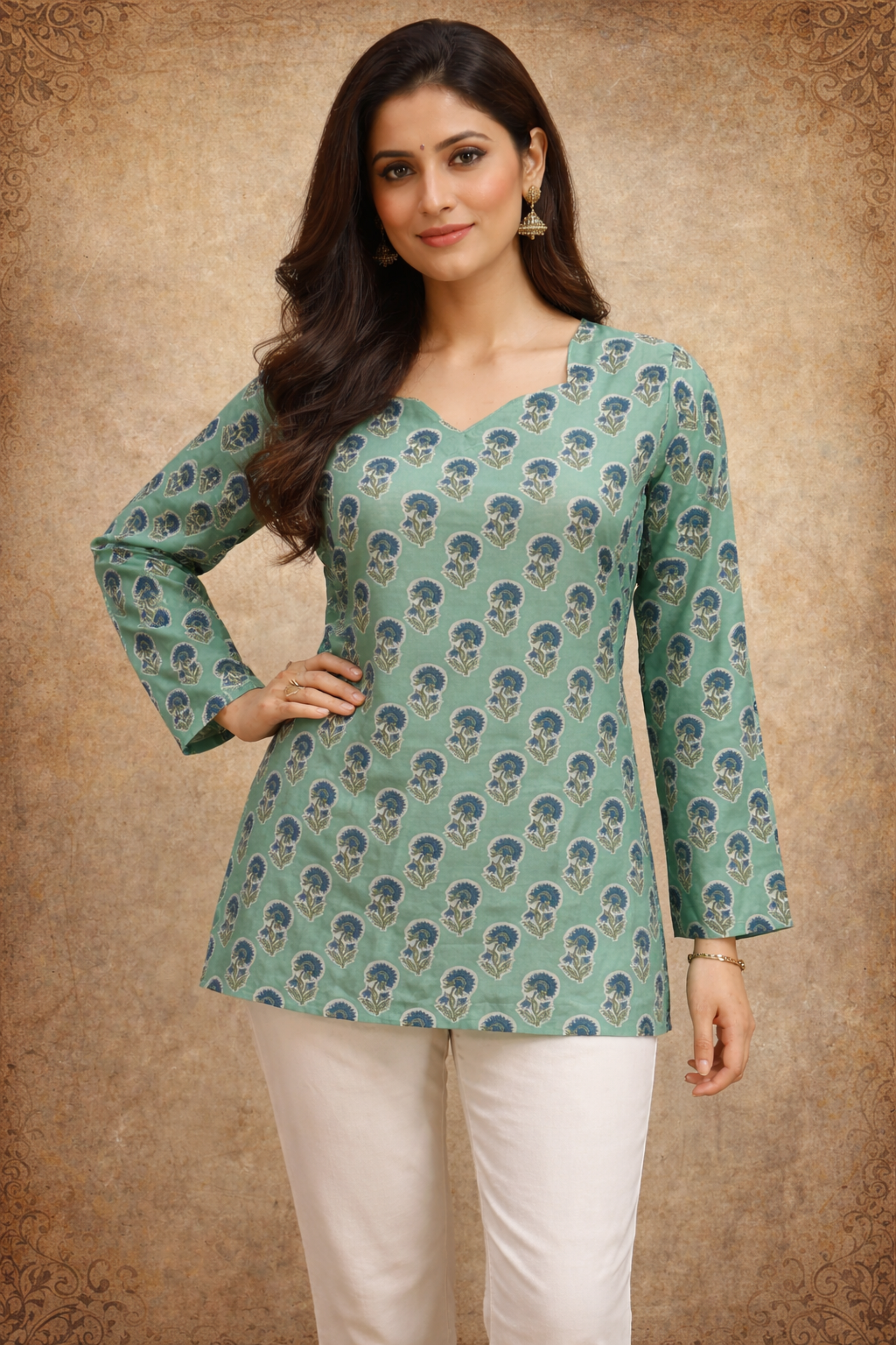sage green women’s top with digital print front view