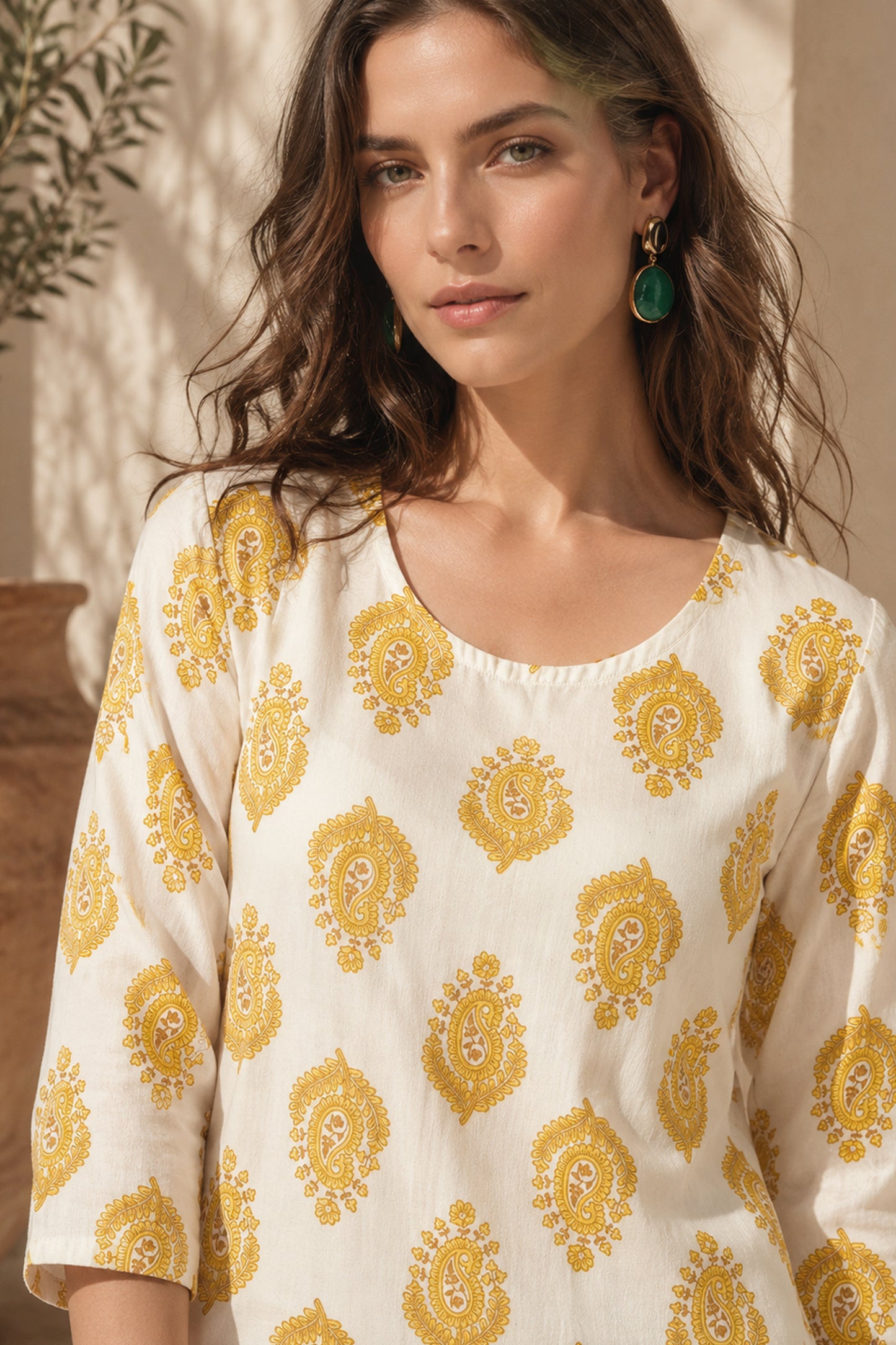 White tunic top styled with relaxed brown trousers