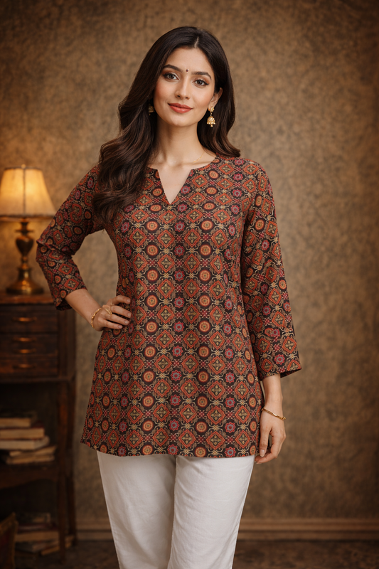 womens tunic tops rust brown digital print front view