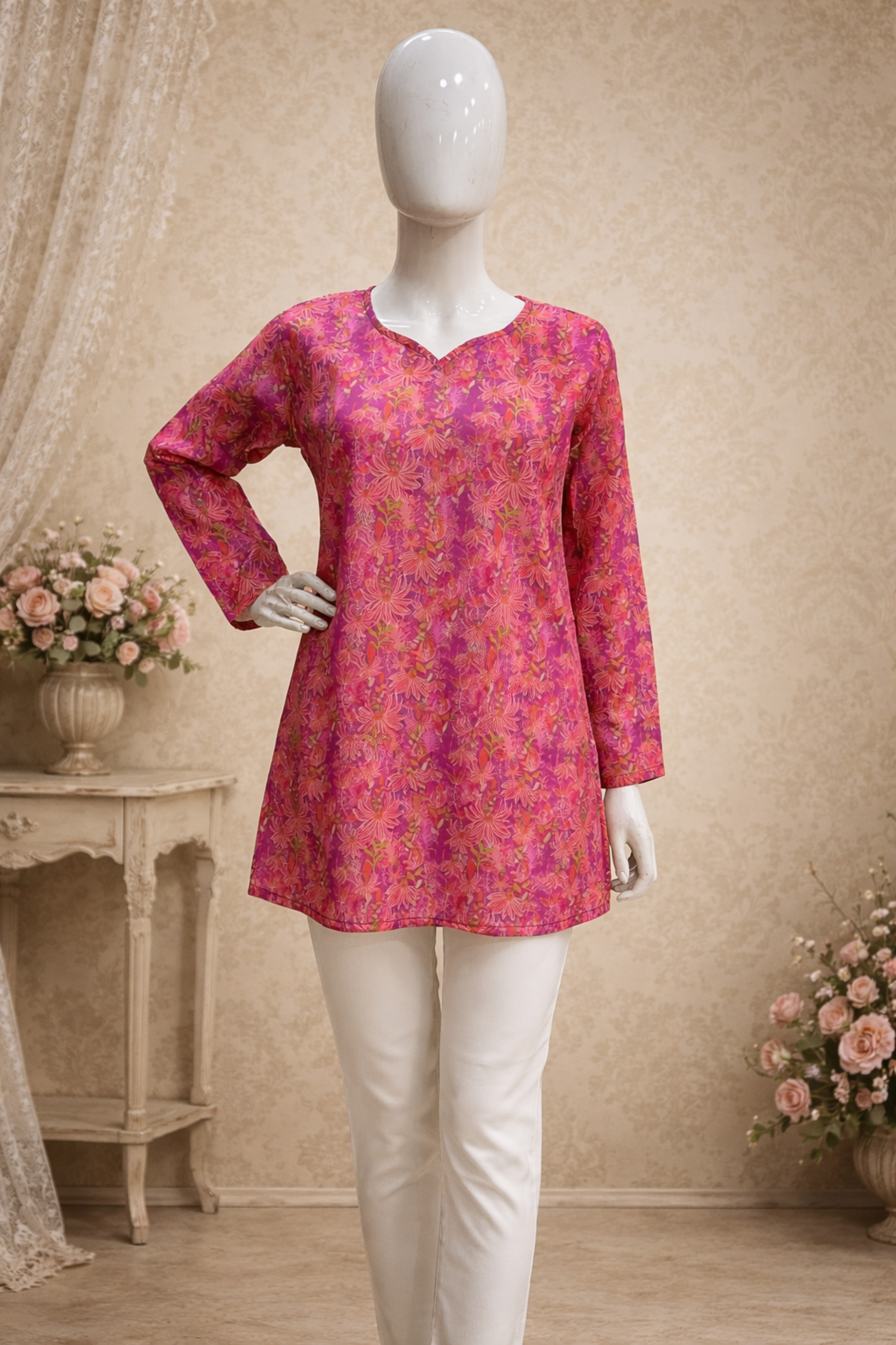 modern style tunic pink top detail shot
